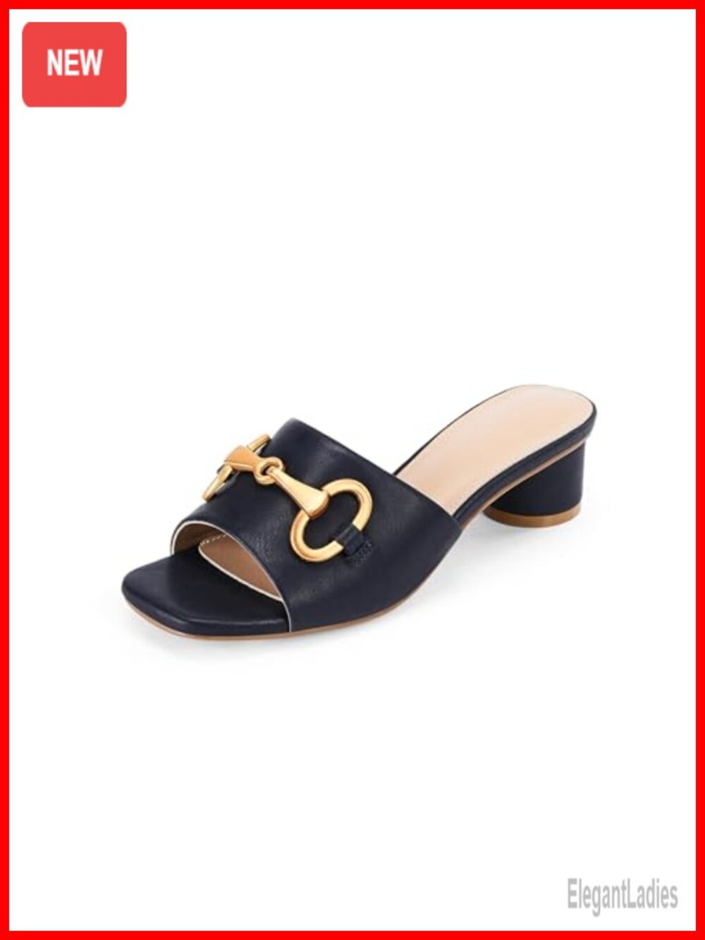 Womens Slide Sandals Square Open Toe Slip On Low Heel Metal Chain Faux Leather